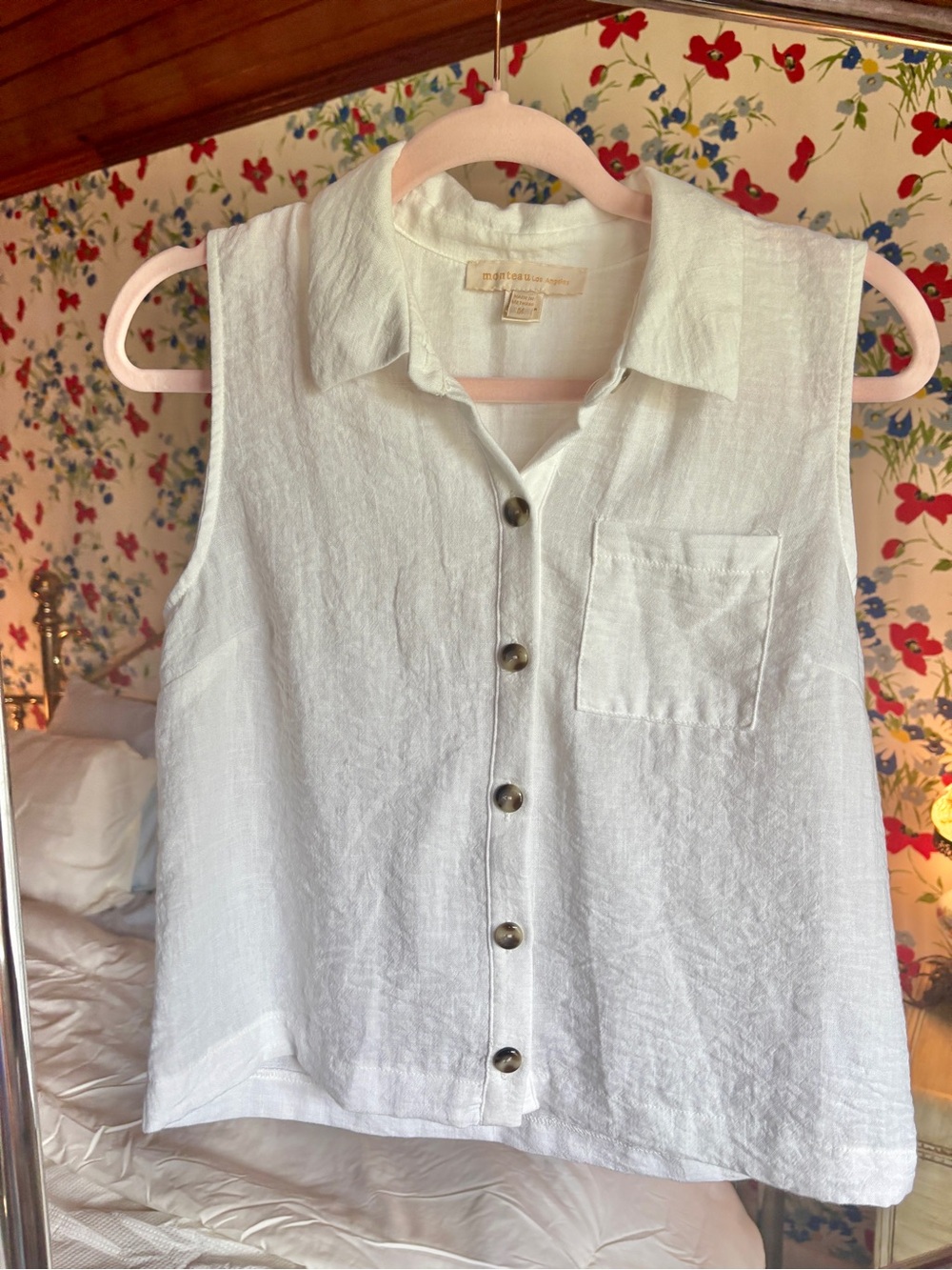 monteau los angeles white textured button front sleeveless top medium coastal - Picture 2 of 8